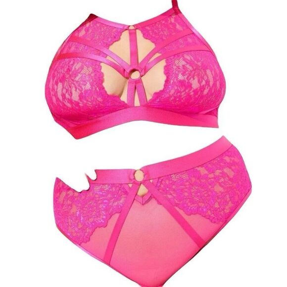 Torrid Womens 0 US Large Floral Lace Strappy Bralette 00 US Medium Panty Pink - Picture 2 of 10